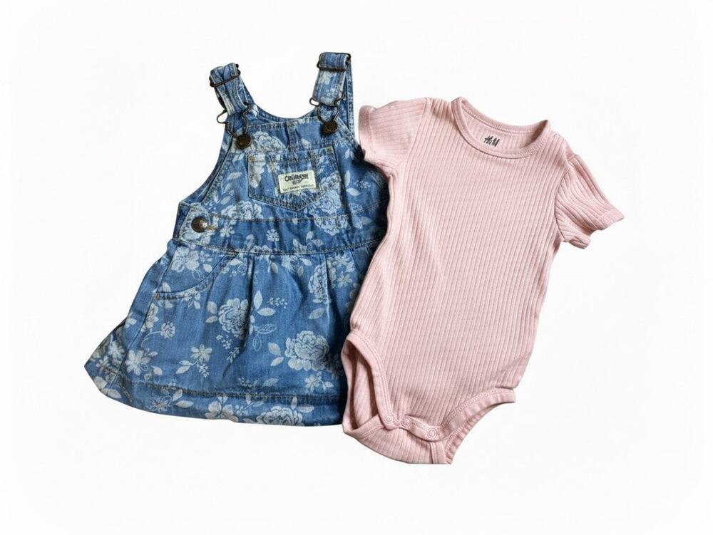 Preloved OshKosh Baby Floral Denim Overall Dress and Oink Body Suit